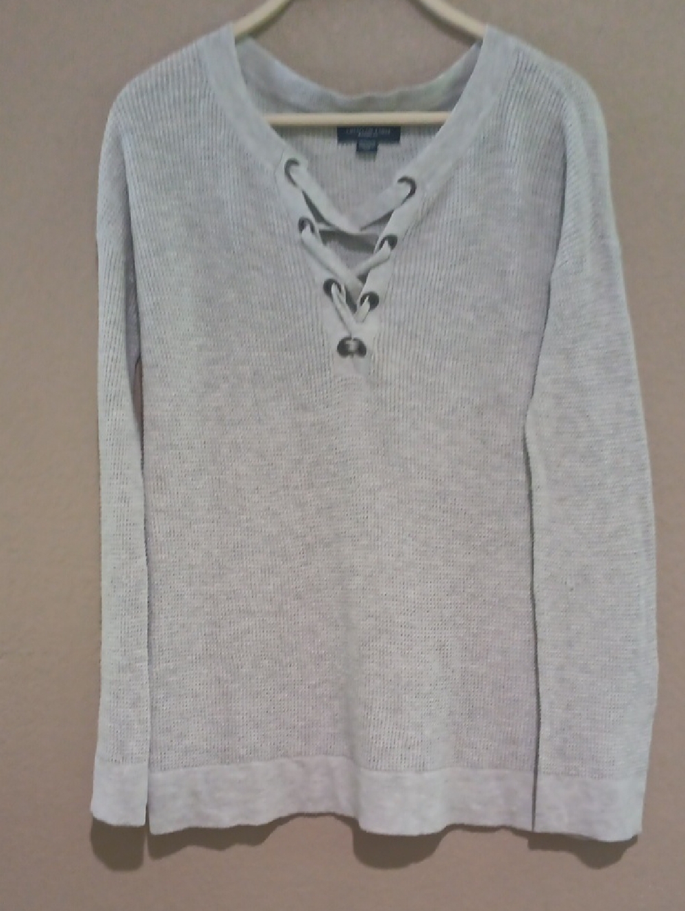 American Eagle Outfitters Light Gray Lace-Up Waffle Knit Top